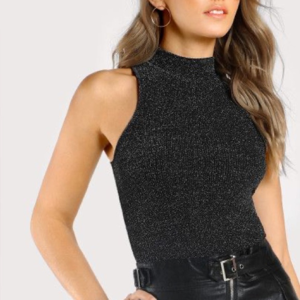 Mock Neck Ribbed Black Sparkly Top